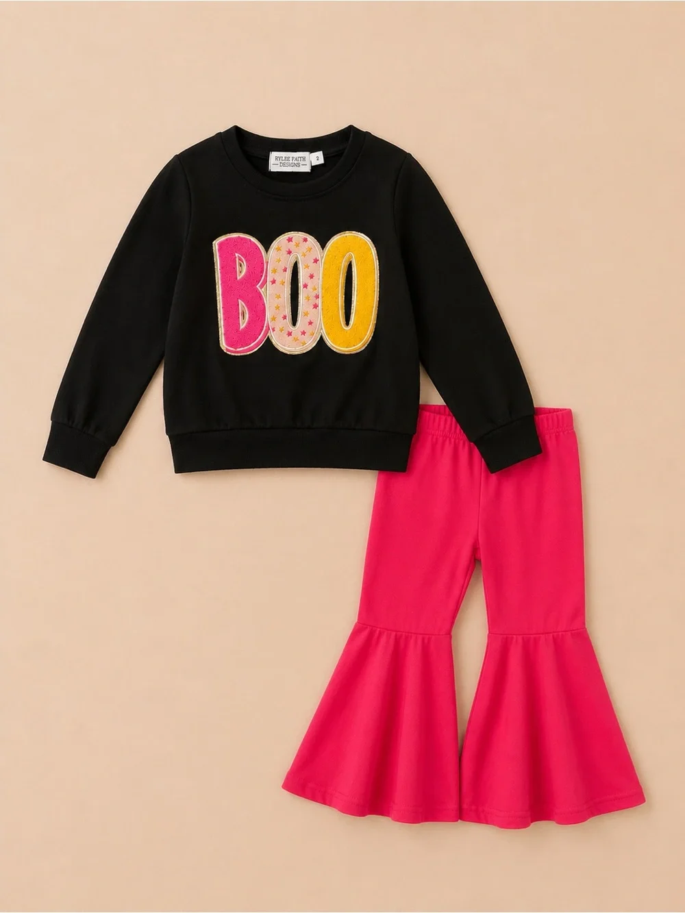Rylee Faith Halloween Girls Black 'BOO' Embroidered Sweatshirt & Pant Set 2T